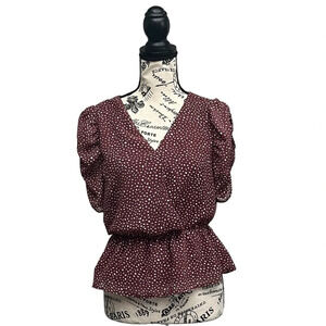 Paper Crane Faux Wrap Blouse Womens Vneck 3/4 Puff Sleeve Polka Dot Top S